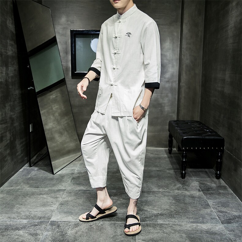 2021夏季新款中国风套装男大码唐装七分袖衬衫男休闲裤TZ073/P100,男装休闲套装,电商A008