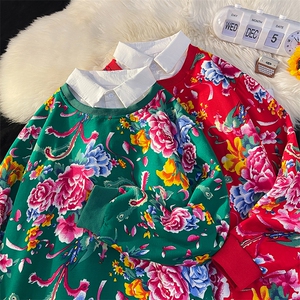 W2情侣大码衬衫领假两件卫衣外套学生班服团队新中式表演出汉服潮图片