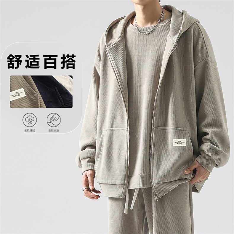 垂顺重磅条绒套装连帽开衫卫衣搭圆领卫衣  KW808-特批131图片