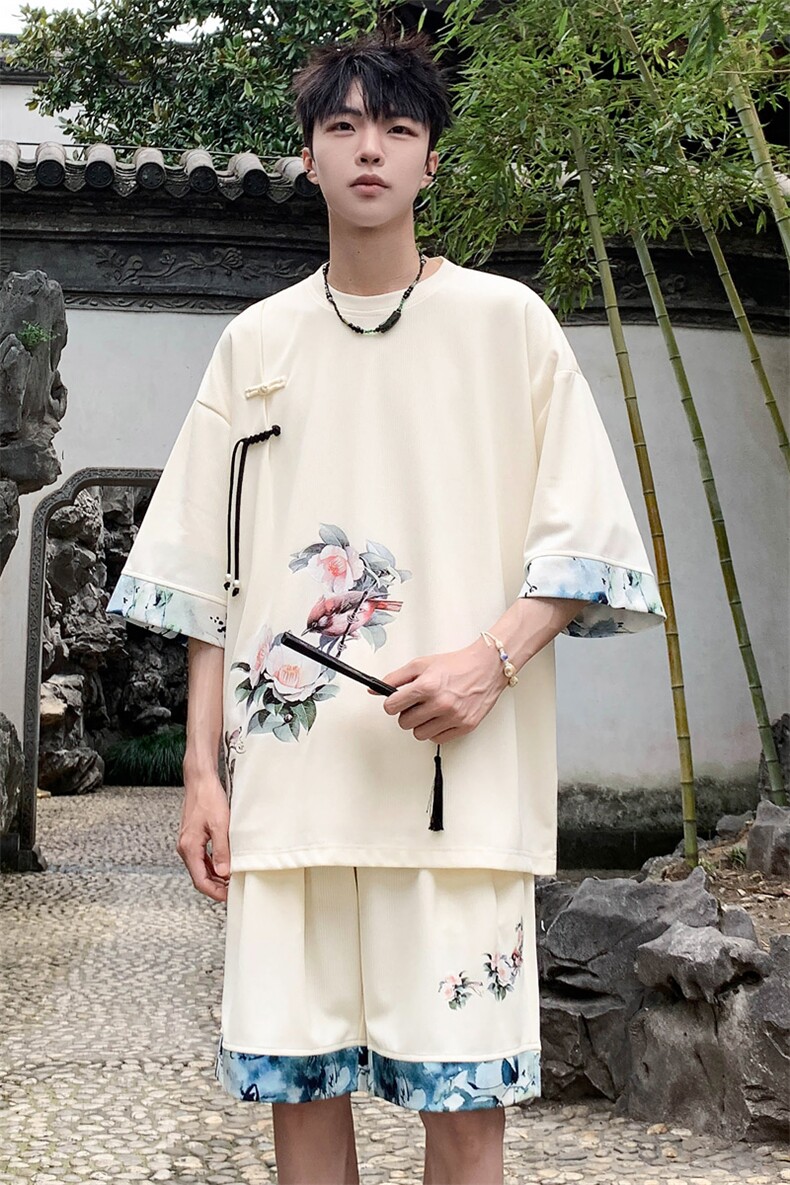 新中式风两件套夏季新中式禅意短袖t恤男套装A436-D221-P52,男装休闲套装,电商A436