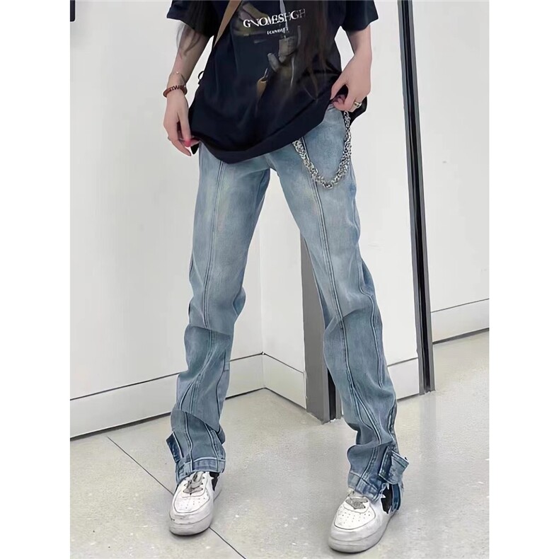 设计感分割开叉调节牛仔裤男女欧美式高街vibe风直筒喇叭潮裤子潮,男装牛仔裤,星座506A