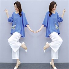 2021夏季新款简约气质圆领时尚图案刺绣宽松休闲舒适棉麻两件套，女装套装/套裙，韩宇舍