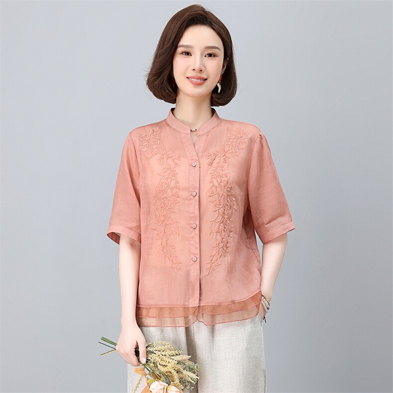 苎麻刺绣女夏2025新款宽松中年妈妈减龄天丝亚麻阔腿裤,女装衬衫,忆绮罗