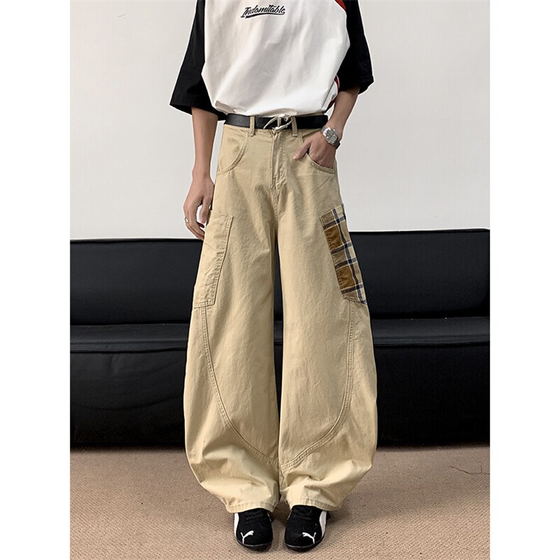 格纹口袋拼接水洗弯刀工装裤痞帅宽松直筒休闲裤XG125 P53图片