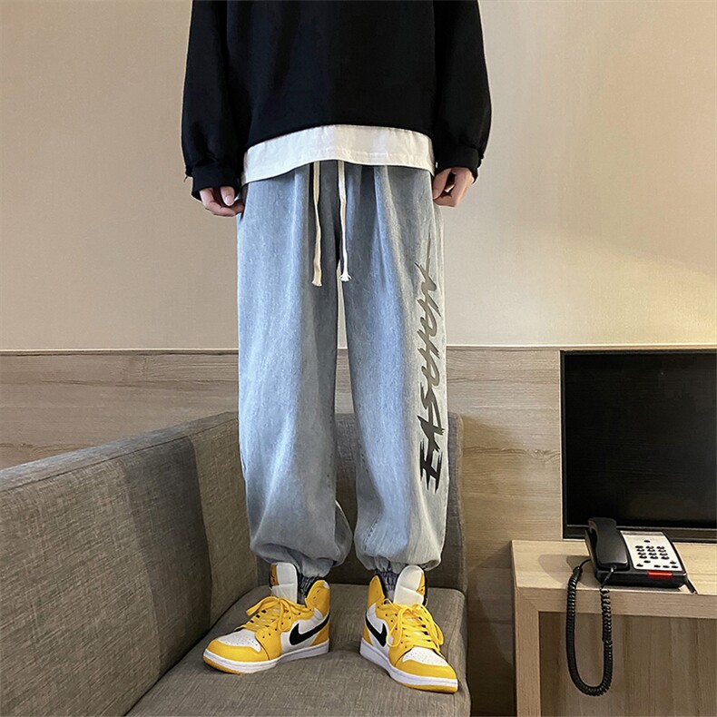 新款牛仔裤印花嘻哈宽松束脚裤中性长裤哈伦裤男夏季裤子N022-P40，男装牛仔裤，星座1008-2