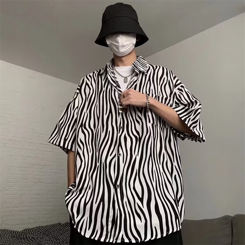 港风潮牌斑马纹设计宽松百搭衬衫潮ins夏季流行方领短袖衬衣,男装T恤,星座506A