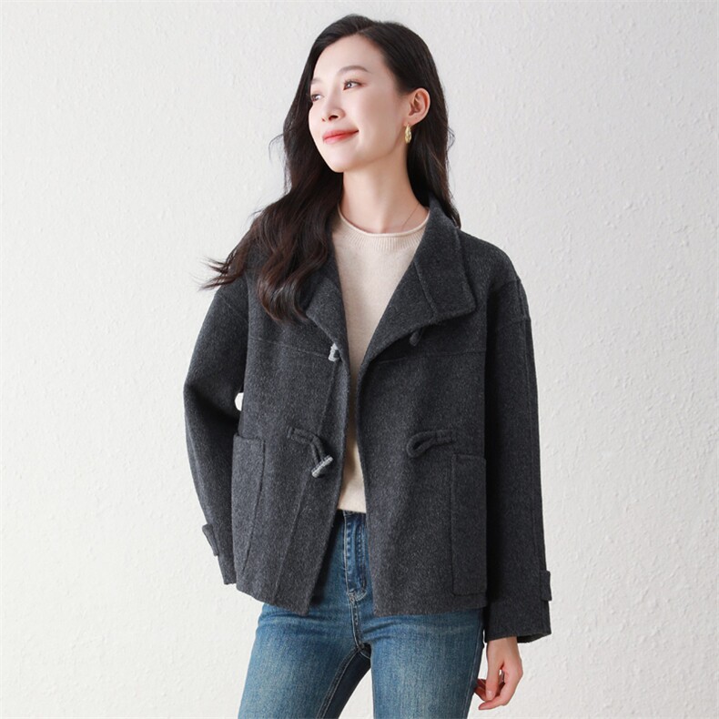牛角扣双面羊毛大衣女秋冬新款立领短款宽松羊毛呢外套,女装毛呢外套,阿舍尔精品