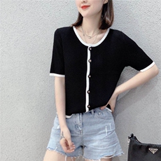 欧货亚麻冰丝针织开衫薄款圆领2021夏季新款短袖T恤上衣，女装套装/套裙，潮品会