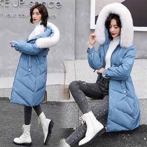 2020年冬季新款口袋撞色连帽大毛领中长款羽绒服图片
