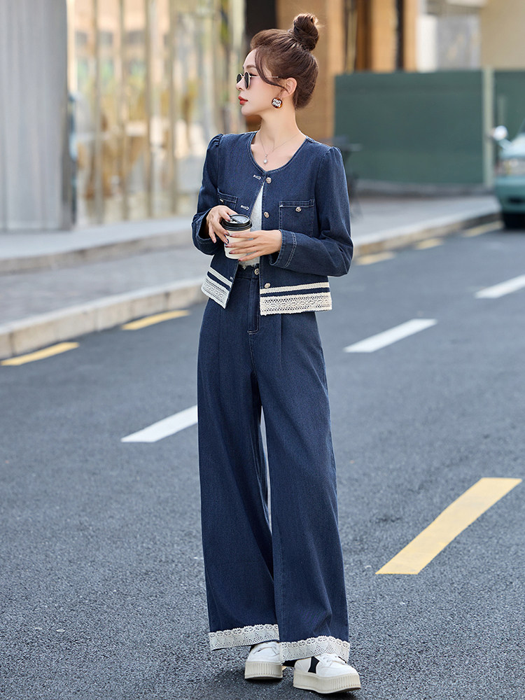 蕾丝拼接牛仔套装女2025春季新款穿搭时尚牛仔外套阔腿长裤两件套,女装套装/套裙,贵人树