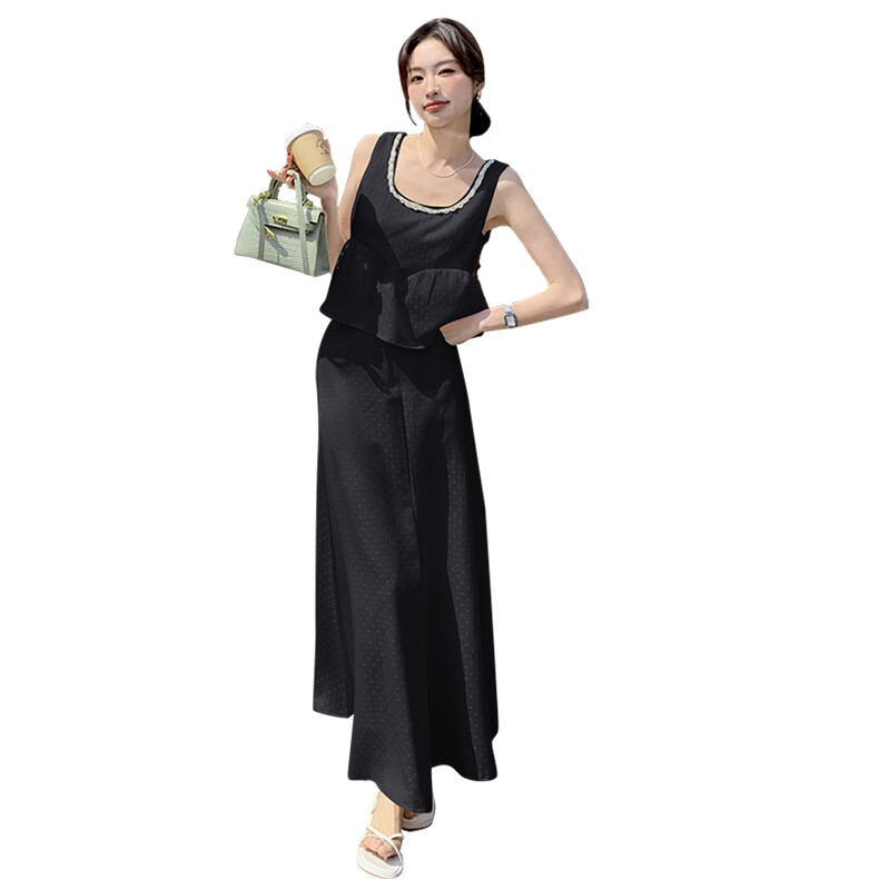 法式气质赫本风背心上衣套装女2025夏季新款显瘦高腰半身裙两件套,女装连衣裙,2C057