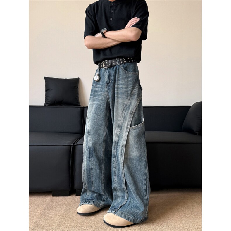水洗复古解构弯刀牛仔裤美式宽松阔腿廓形拖地裤子N664-P60，男装牛仔裤，星座308B-2