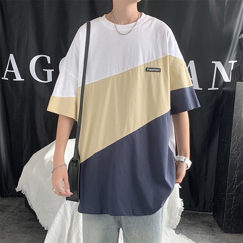 拼色短袖t恤男潮休闲上衣oversize半袖港风宽松青年T447-P22,男装T恤,星座512-2