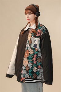1中性风刺绣拼接翻领羊羔毛大码M-5XL棉服外套女8723P110控148图片