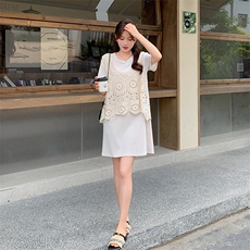 蕾丝勾花镂空叠穿短袖黑色连衣裙女2025夏季新款韩系小个子T恤裙，女装连衣裙，灵力轩