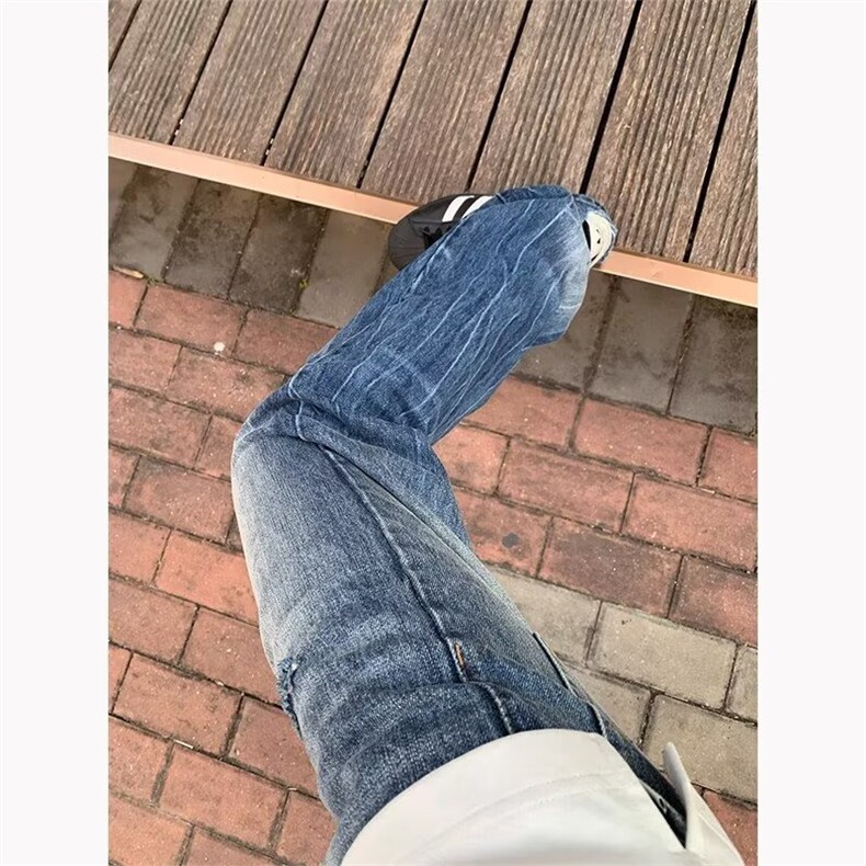 网图直筒牛仔裤女复古蓝色显瘦修身设计感小众美式高街烟管拖地裤,男装牛仔裤,星座601-1