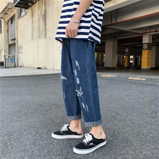 破洞牛仔裤男新款港风宽松阔腿直筒潮牌百搭休闲九分裤CN60-P35，男装牛仔裤，星座1008-2