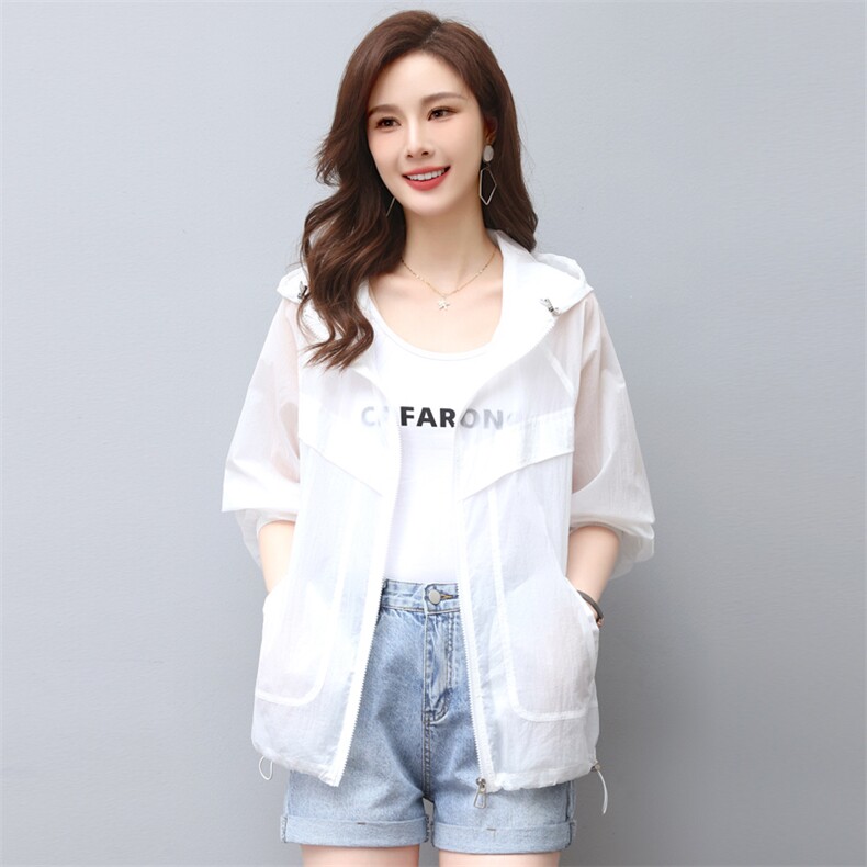 2023年夏季连帽薄款宽松长袖拉链纯色防晒衣外套，女装防晒衣，依倍林