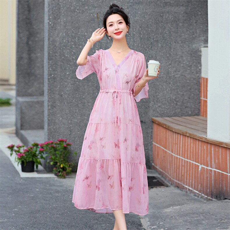 气质温柔紫色蝴蝶印花连衣裙女2024夏季新款V领收腰显瘦仙女长裙,女装连衣裙,韩美纤衣