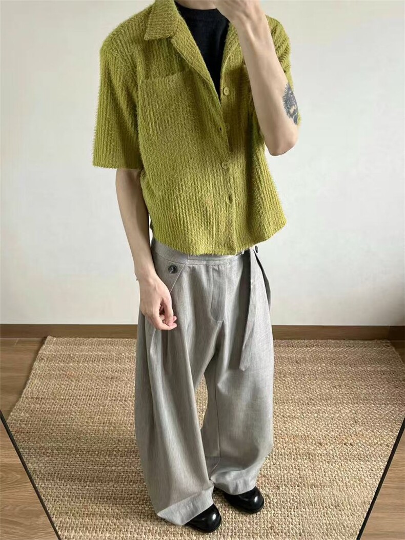 档口现货原版面料~25狼尾草翻驳领短款衬衫短袖t恤T2580批45,男装T恤,星座1004-6