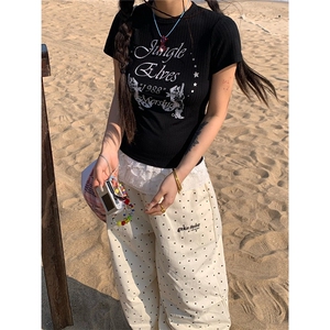 美式复古蕾丝边正肩短袖T恤女2025夏季辣妹修身短款打底衫上衣潮图片