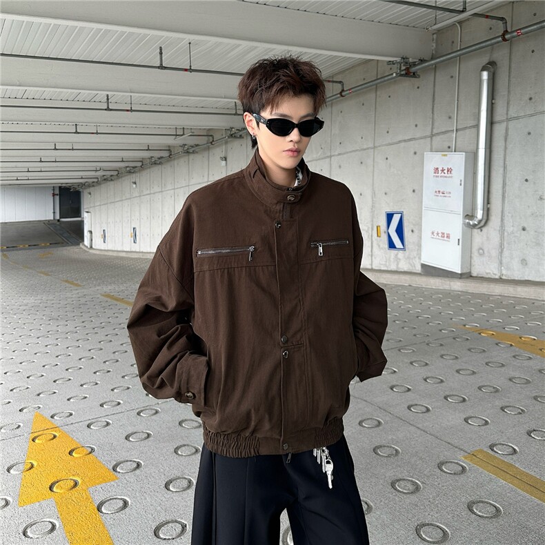 美式巴恩风立领工装夹克男女秋季覆古百搭潮外套vibe宽松休闲上衣图片