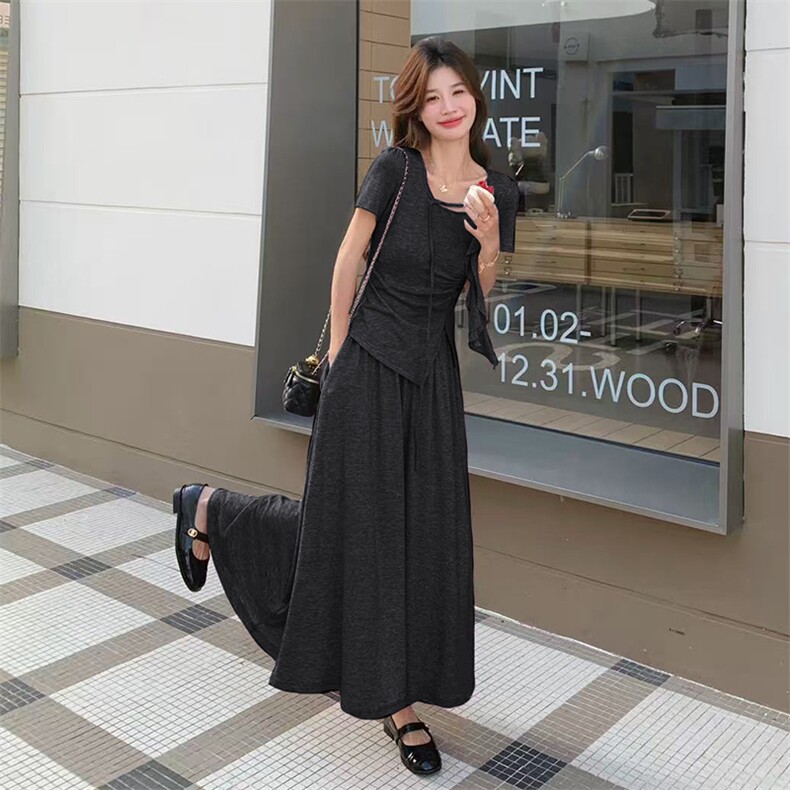 2025夏季新款粉色不规则长裙两件套女显瘦短款T恤系带半身裙套装，女装套装/套裙，浙宝220A