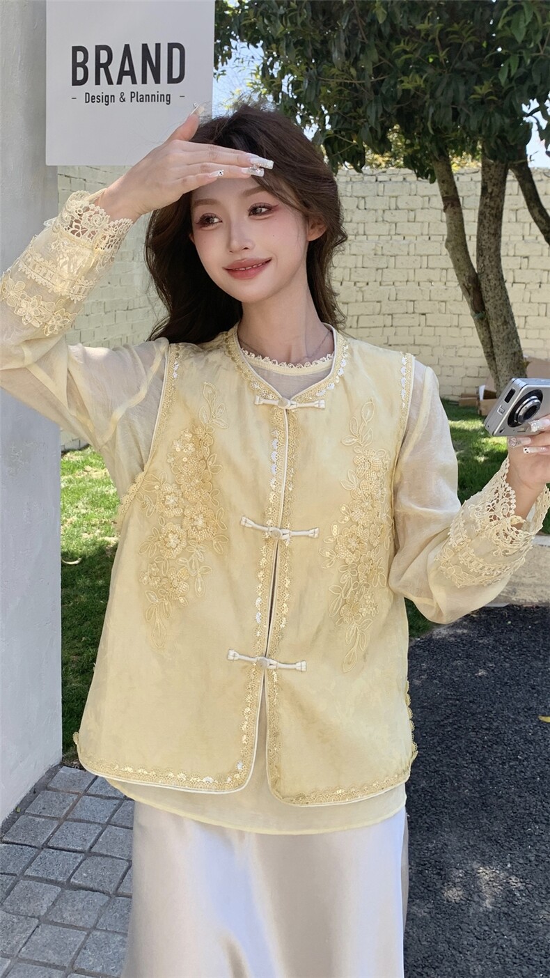 高端亚麻提花刺绣国风马甲女2025春夏新款高级感气质上衣钉珠衬衫,女装马甲,浙宝208A