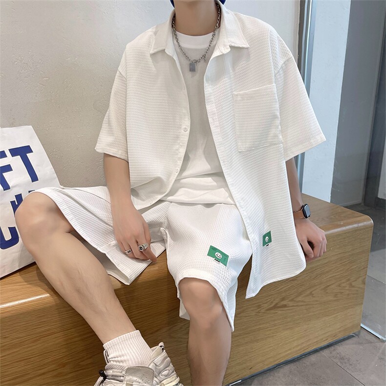 夏季冰丝华夫格短袖衬衫宽松潮牌短裤套装3546P70,男装衬衫,电商A309