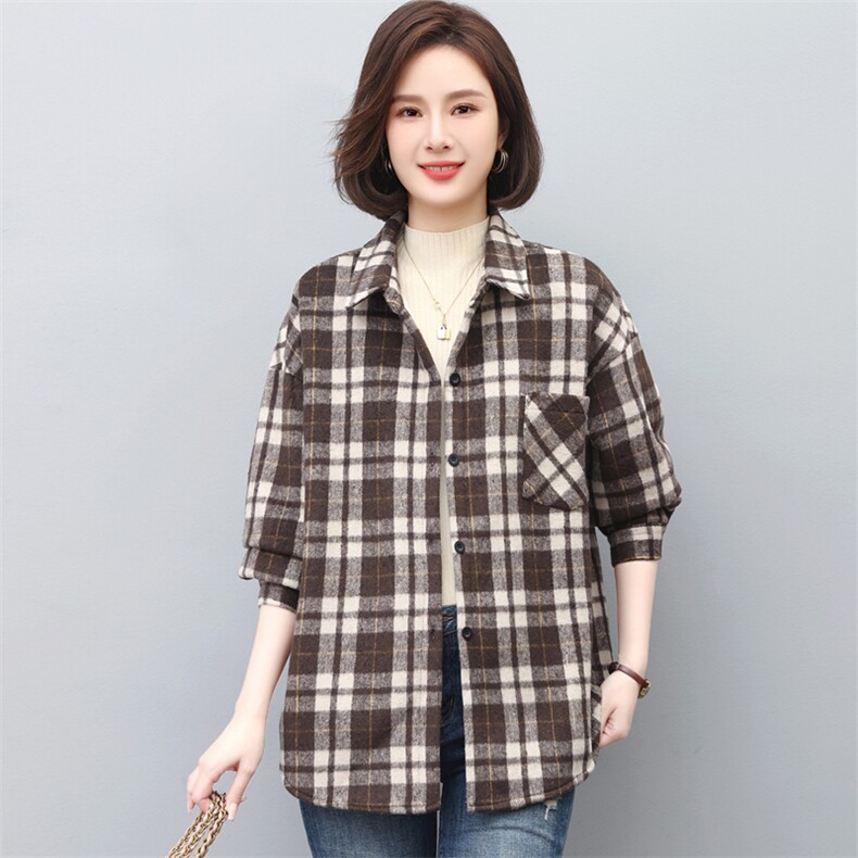 冬装新款格子衬衫女加厚加绒打底衬衫女中老年妈妈装,女装衬衫,璐依舞