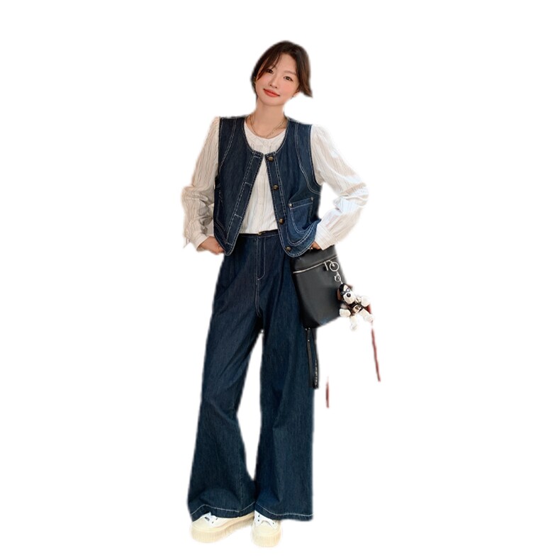 韩系穿搭牛仔套装女春秋2025年新款酷飒拽姐马甲配阔腿裤三件套装,女装套装/套裙,浙宝285（原212）