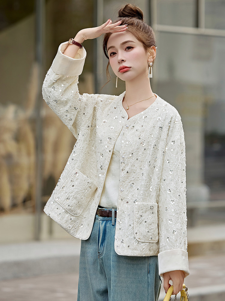 新中式重工刺绣短外套女2025春秋新款小香风国风亮片宽松汉服上衣,女装短外套,天丽