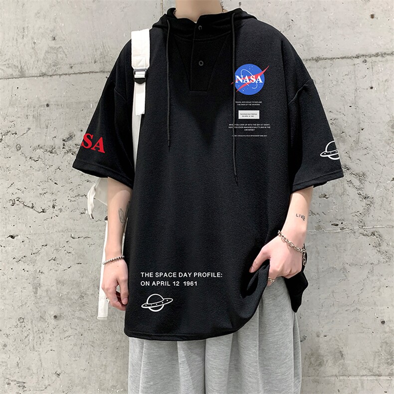 LD54243-P45NASA连帽短袖t恤男大码胖子带帽五分袖中袖,男装T恤,电商A040