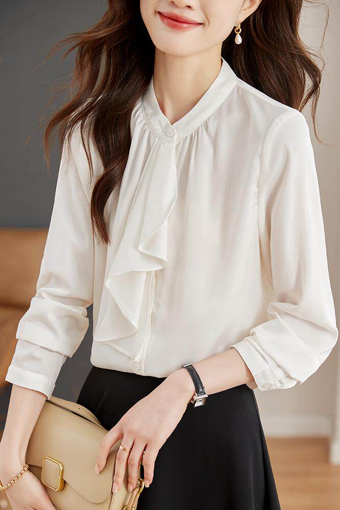 2024新款荷叶边通勤立领衬衫女法式温柔气质设计感小众飘带上衣，女装衬衫，梦白服饰厂
