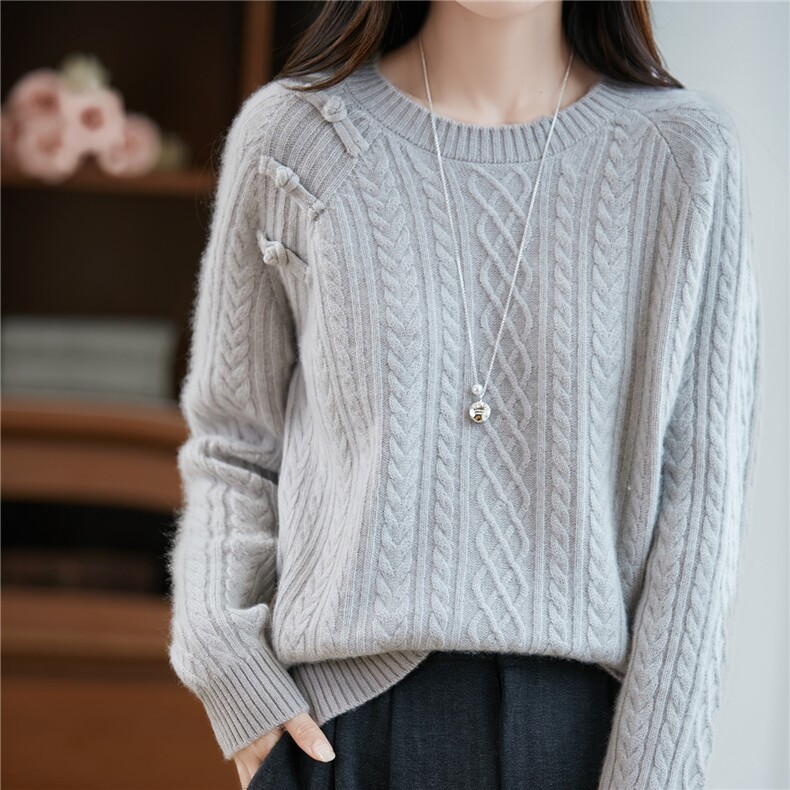 复古麻花国风纯羊毛衫女加厚保暖麻花毛衣2025新款秋冬打底针织衫，女装羊毛衫，越洋羊
