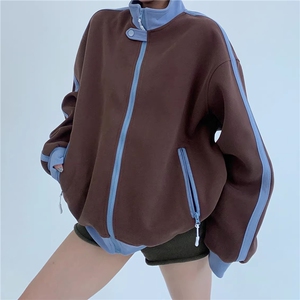 WY841-P65-450克美式慵懒chic新款复古撞色运动休闲立领卫衣外套图片