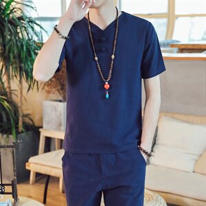 DY18*夏季爆款男士棉麻短袖T恤套装长裤两件套装男 灰蓝 *P50图片