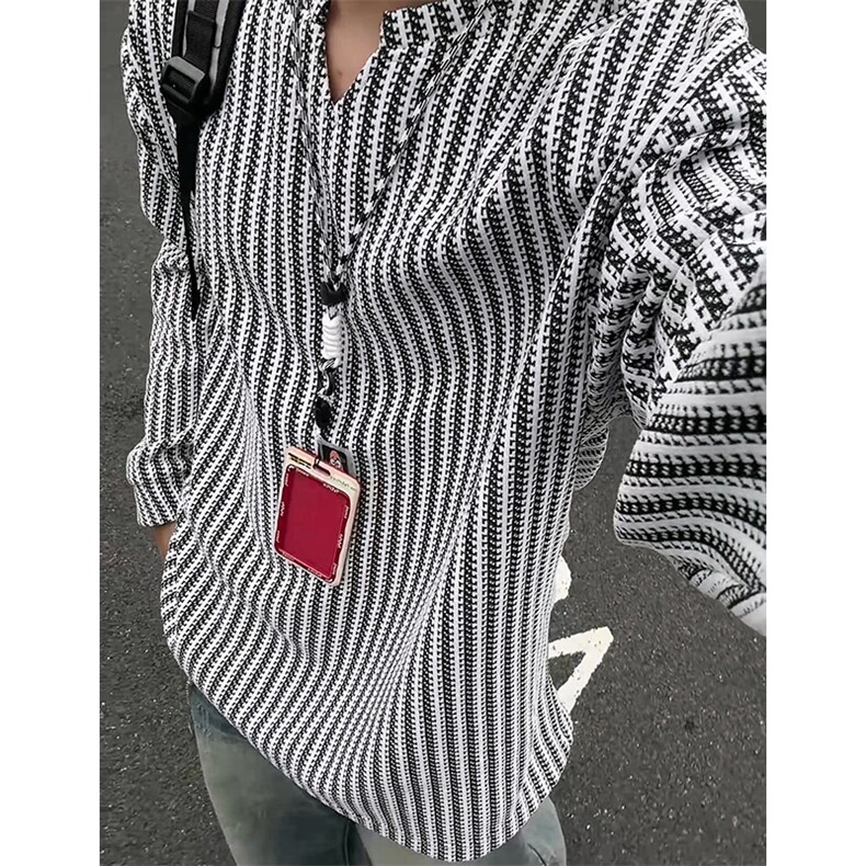 美式高街千鸟格子长袖T恤男女亨利V领英伦雅痞休闲宽松长袖打底衫，男装T恤，电商A443