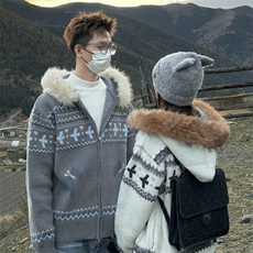 重磅北极绒座山雕毛衣外套冬美式复古休闲慵懒风大毛毛领针织开衫，男装针织衫/毛衣，电商A443