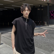 现货夏季薄款宽松宽肩无袖立领运动坎肩背心纯色拉链t恤BX08-P35，男装T恤，星座205-5