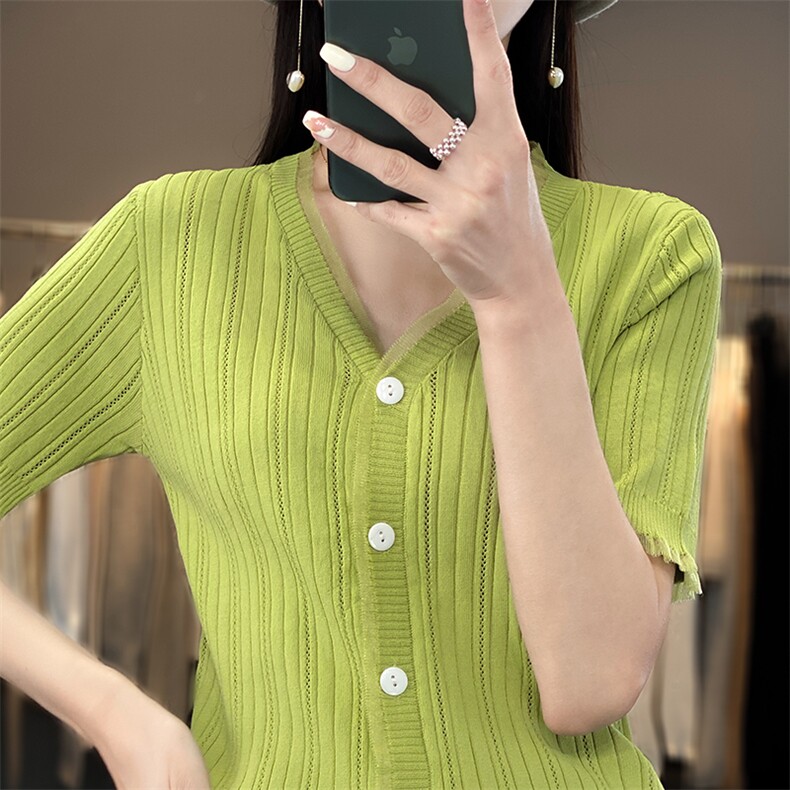 蕾丝开衫短袖t恤女夏季2025新款打底衫洋气女装冰丝针织上衣,针织衫/毛衣,思牵羊绒