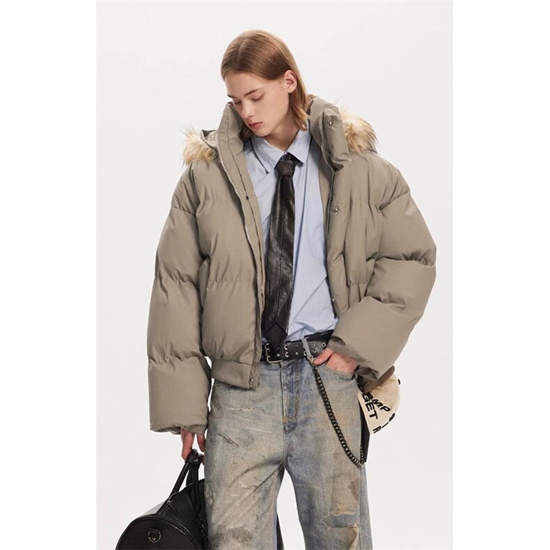 现货三防重磅硬挺boxy短款羽绒棉衣座山雕大毛毛领PU皮棉服外套冬，男装棉衣，电商A486-1