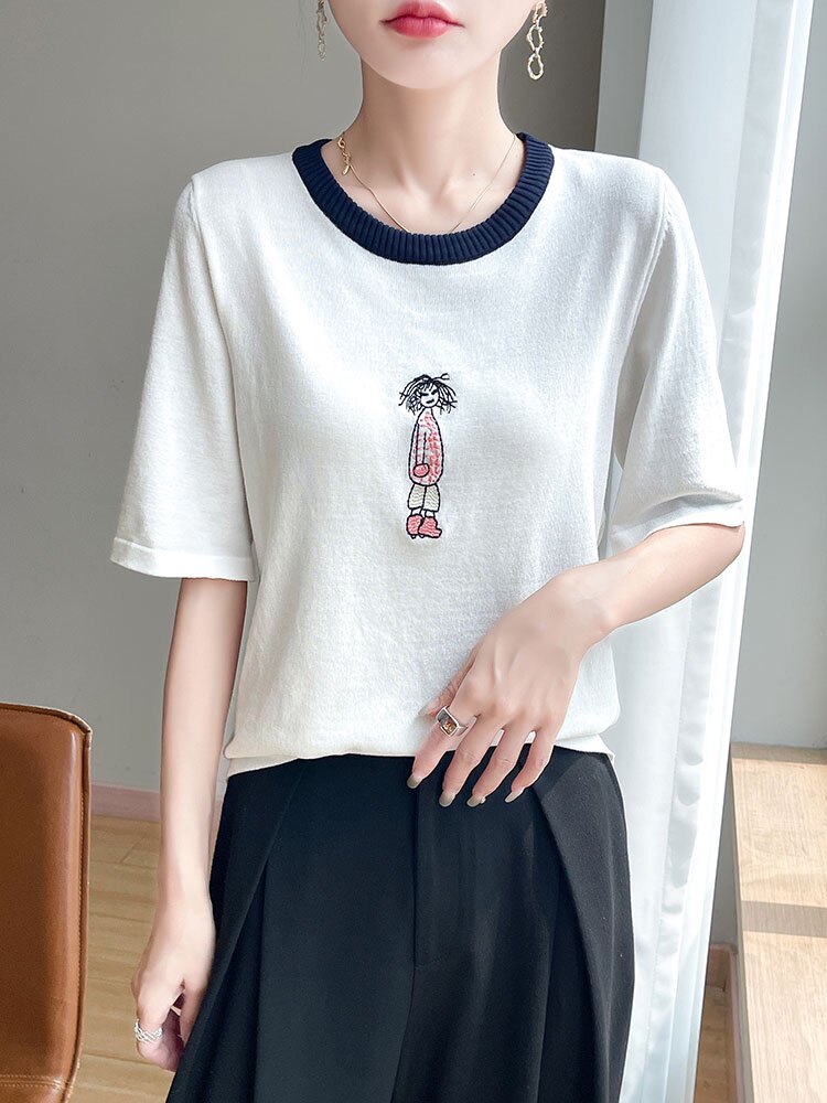 2025年夏季凉感薄款刺绣女孩短袖,女装T恤,萱芳婷羊绒