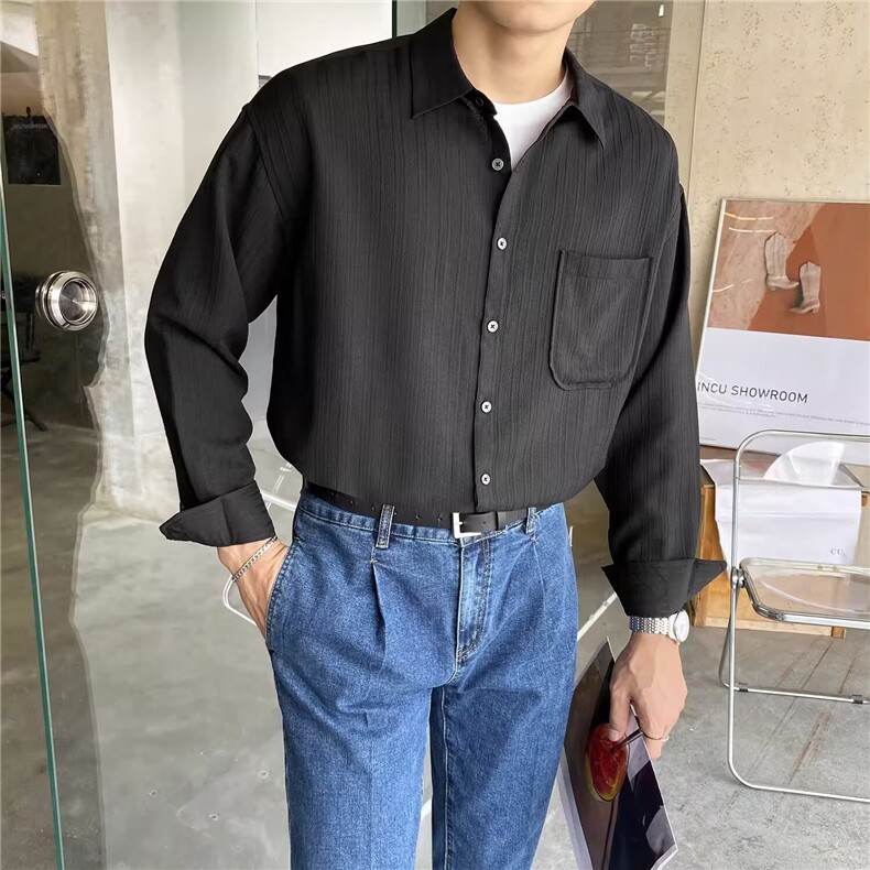 春秋季新款条纹褶皱设计感长袖衬衫男韩版轻奢风休闲宽松衬衣上衣,男装衬衫,星座410-6（原星座1304-1）