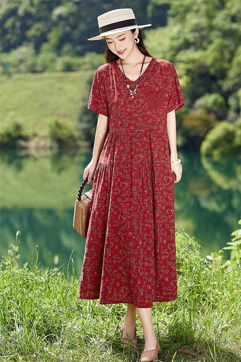 复古小碎花棉麻连衣裙女中长款2025夏季新款宽松显瘦中年妈妈裙子,女装连衣裙,倪叶myz