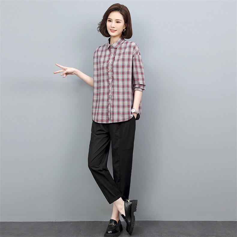 春秋装套装女宽松显瘦2022年新款潮韩版休闲格子衬衫两件套装裤子,女装套装/套裙,忆绮罗