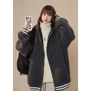 2025冬季 休闲纯色羊羔毛开衫连帽外套棉服M2068/P88控128-100涤图片