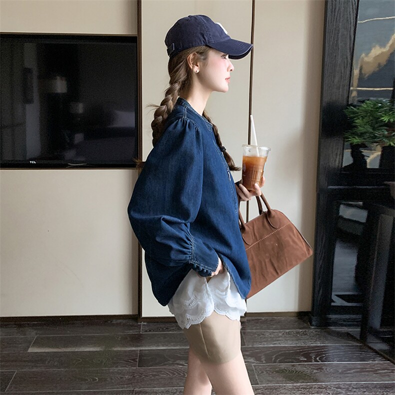 蓝色长袖牛仔衬衫女2025春秋新款复古设计感小个子休闲百搭短上衣,女装衬衫,2C087