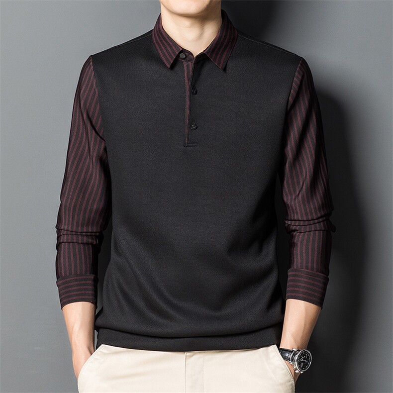 长袖t恤男纯色卫衣春秋季polo衫中年潮流假两件上衣服2023新款,男装卫衣,电商B212（原钱塘6029）