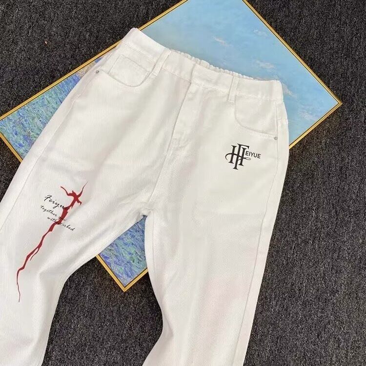 美式高街印花牛仔裤男女同款cleanfit大码痞帅修身显瘦直筒微喇裤,男装牛仔裤,星座1008